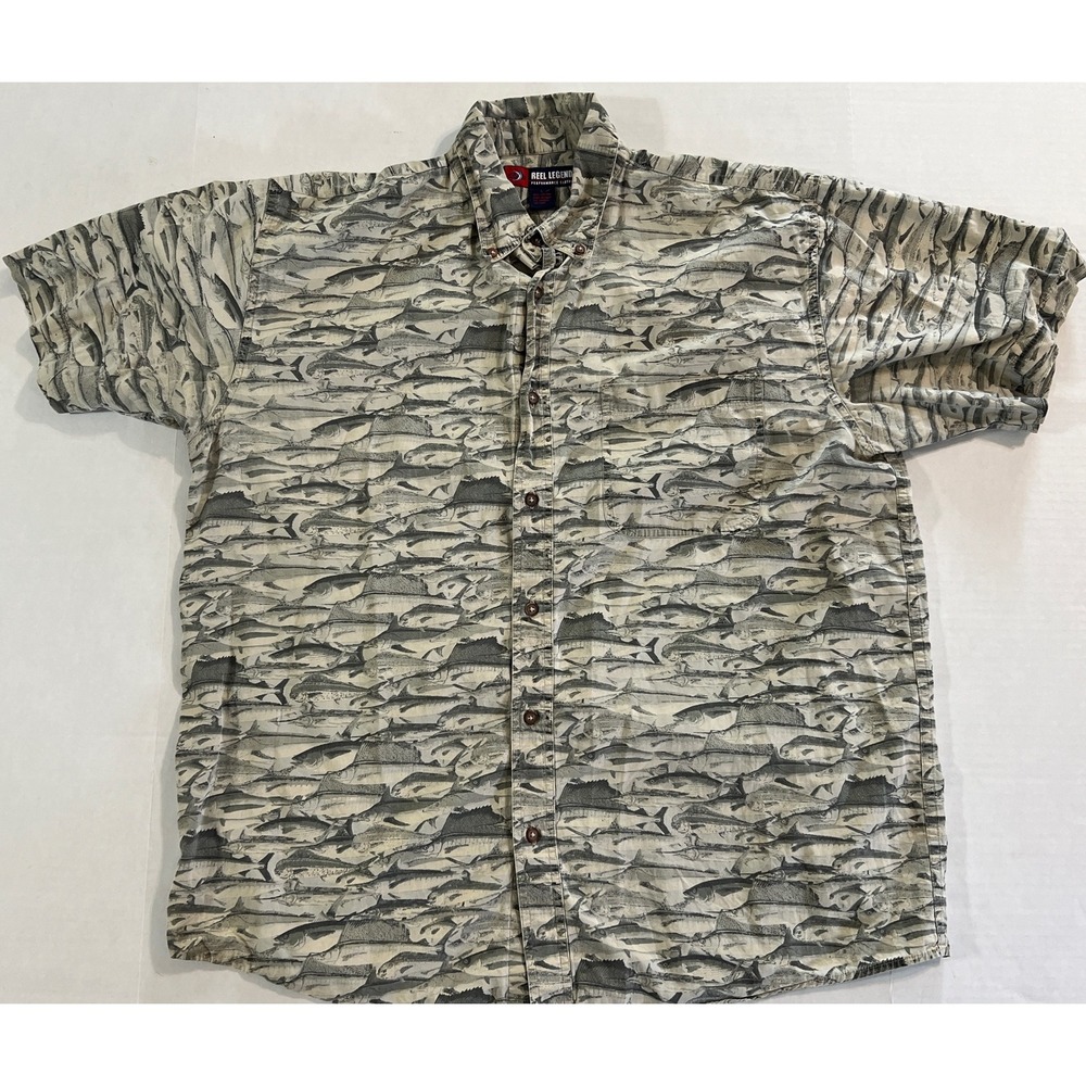 Reel Legends Performance Clothing Button Down Shirt Men's LG  Allover Fish Print